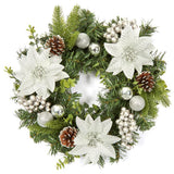 Ghirlanda natalizia Garvee da 16 pollici con palline di fiori, pigne e bacche per porte, finestre, caminetti, uso interno ed esterno, PVC resistente, resistente alle intemperie - Argento