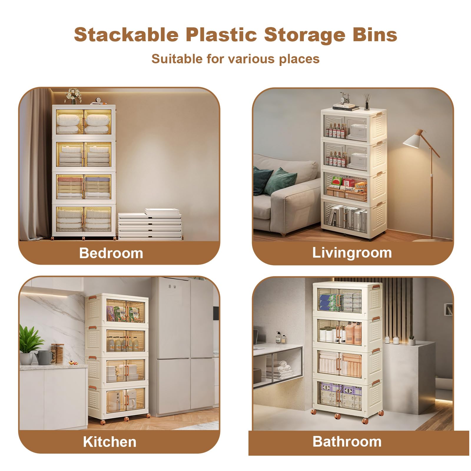Contenitori impilabili in plastica Garvee, set da 4, 144 QT, con ante e ruote, trasparenti, per camera da letto e garage