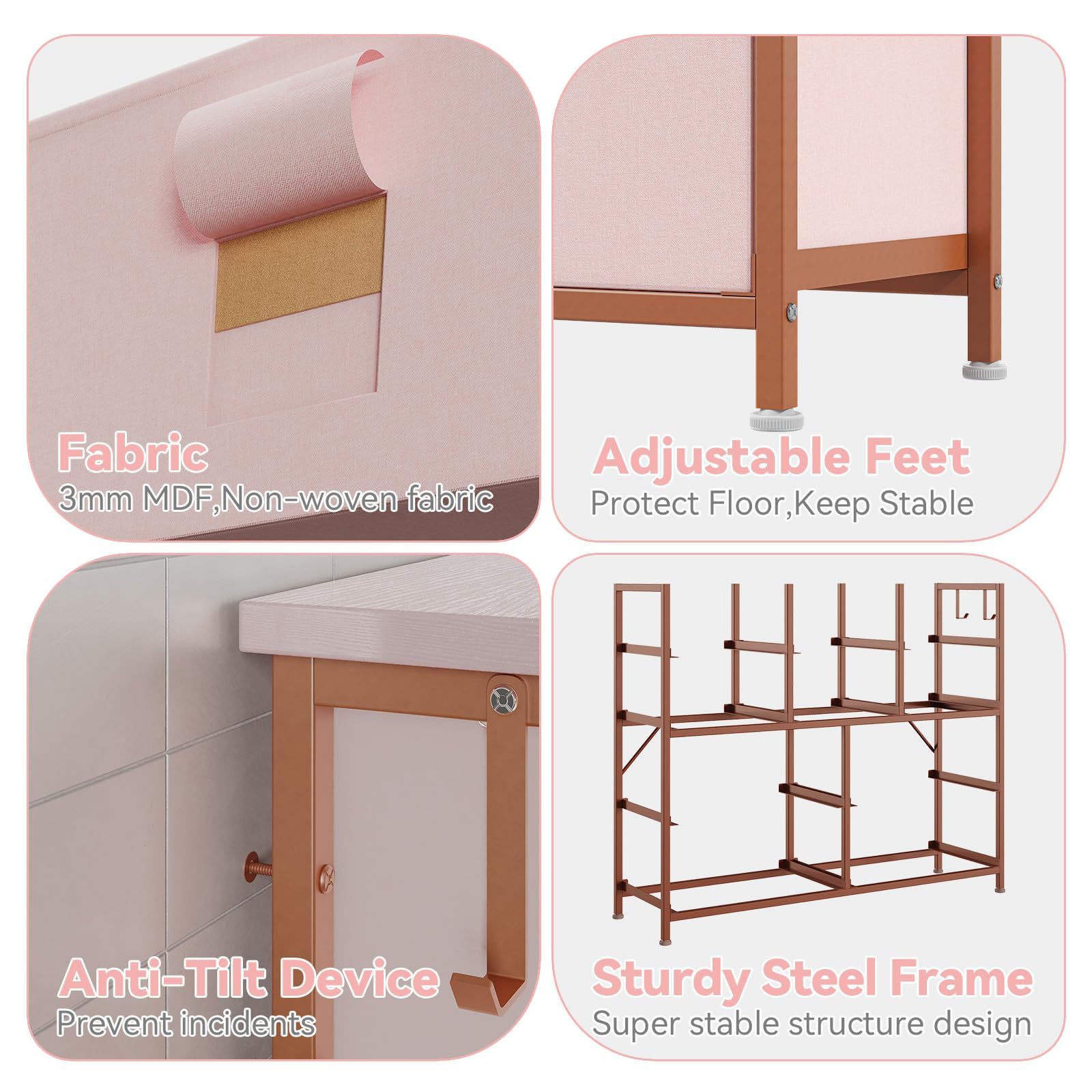 Cassettiera GARVEE, Armadio con 10/12 cassetti e maniglie, Mobiletto portaoggetti in tessuto con struttura in metallo, per camera da letto, armadio, corridoio, ingresso, rosa, 12 cassetti