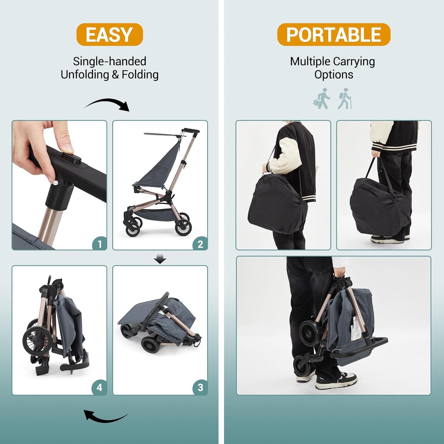 Passeggino da viaggio leggero Garvee per l'uso in aereo, pieghevole, protezione UV, 8,4 libbre, telaio in alluminio, ruote a 360°, cestino portaoggetti, bambini 12-36 mesi