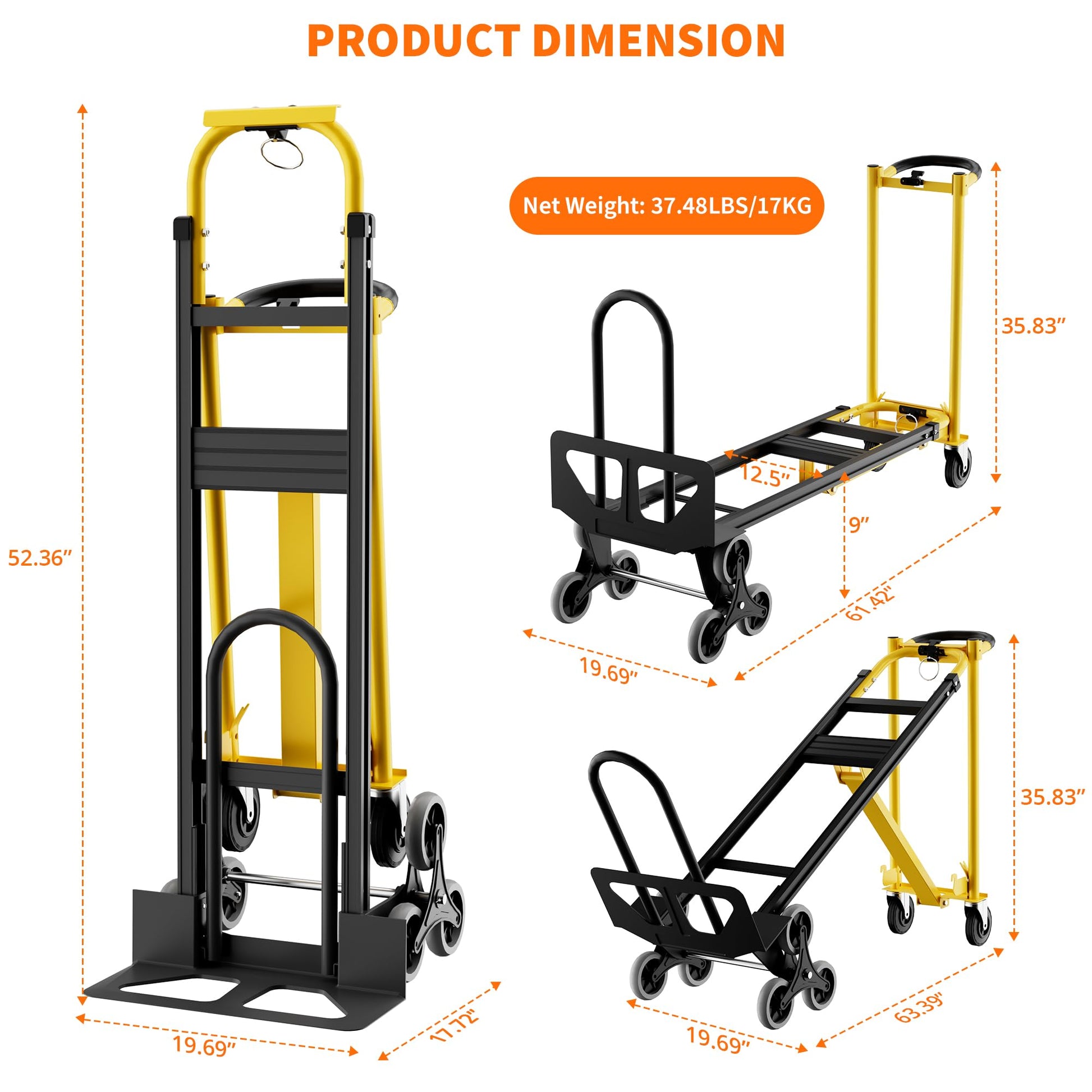 Carrello portascale Garvee 3 in 1 con cinghie elastiche pieghevoli per impieghi gravosi, per casa e ufficio, capacità di carico di 800 libbre, nero
