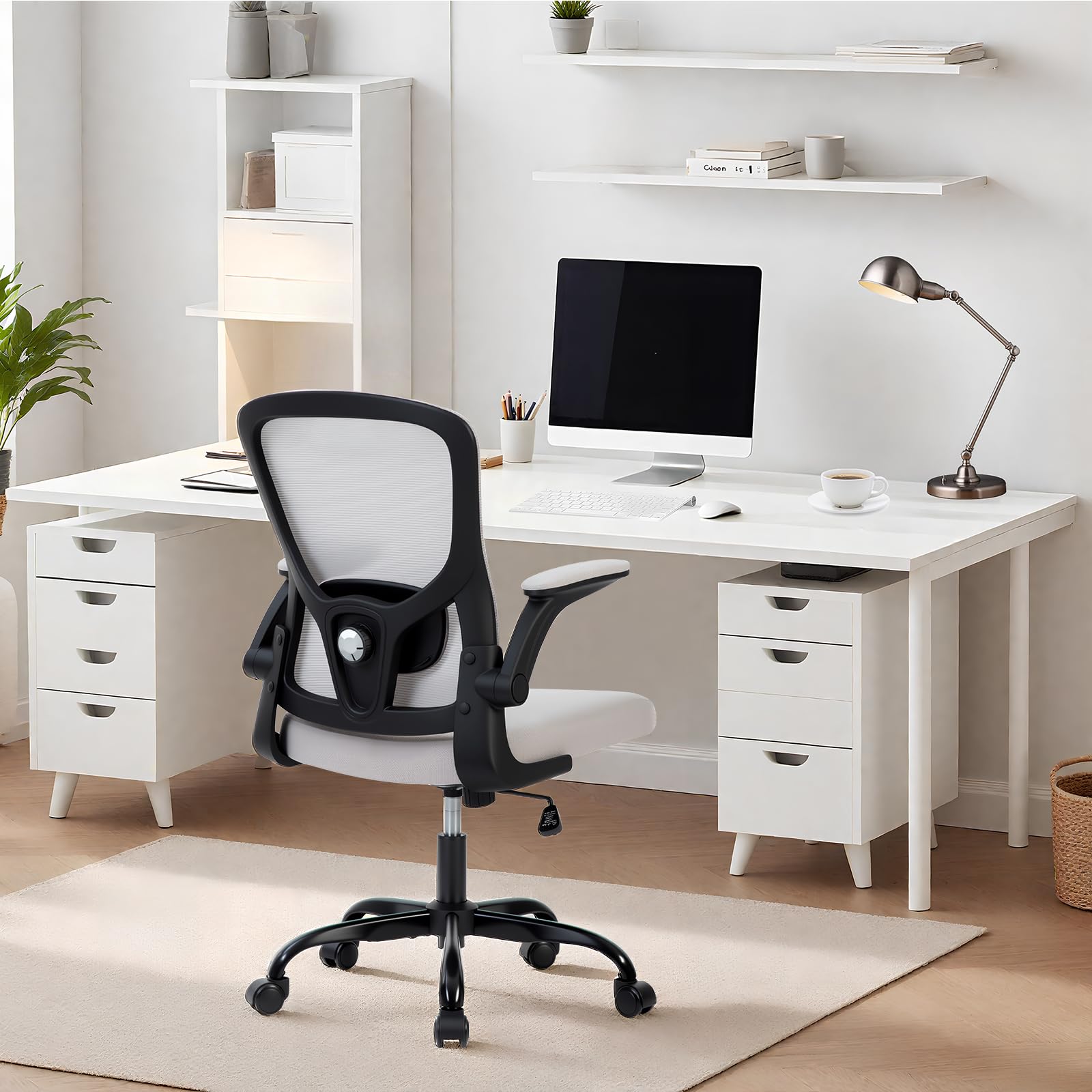 Sedia da ufficio ergonomica Garvee in rete con supporto lombare regolabile e braccioli pieghevoli per ufficio domestico, girevole a 360°, grigio