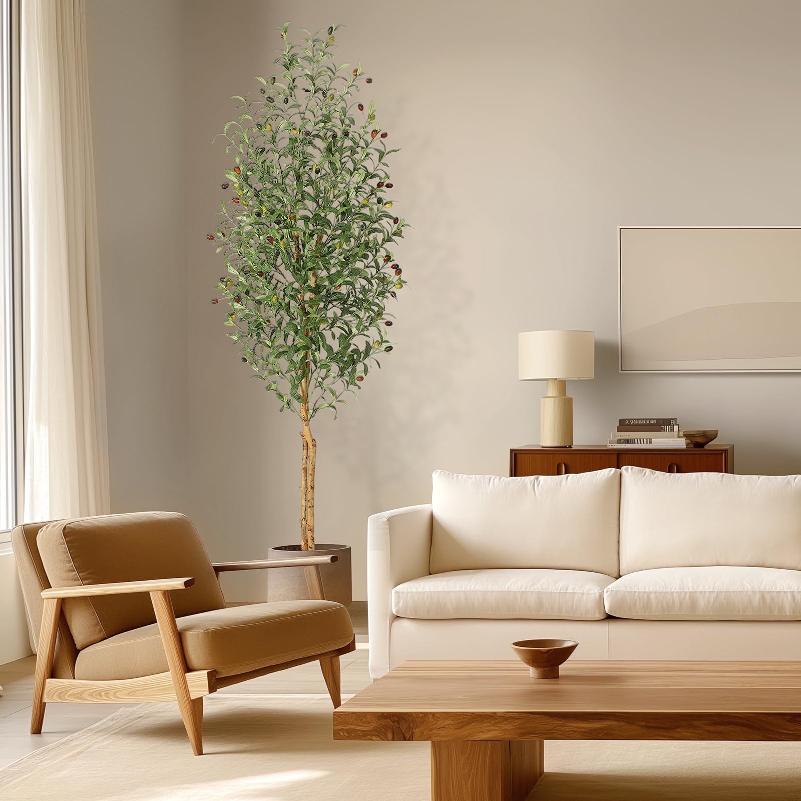 Albero di ulivo artificiale Garvee da 2,1 m con 2 tronchi di legno, 1152 foglie di seta, vaso in cemento bianco, decorazione per soggiorno, rami regolabili, verde realistico