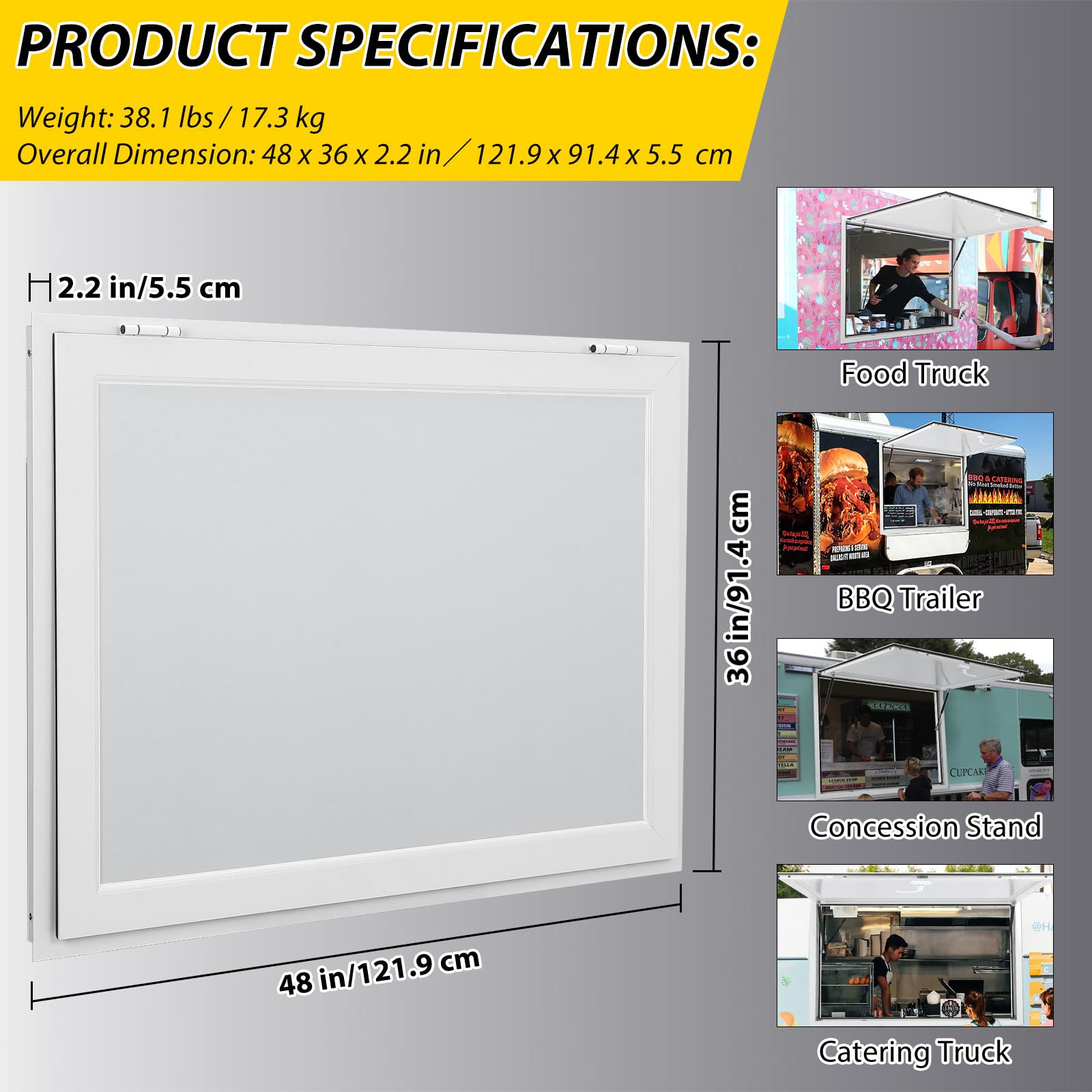Finestra per concessioni Garvey con tenda da sole, telaio in alluminio, doppia chiusura a forcella, aste di sollevamento idrauliche, resistente alle intemperie, finestra per food truck, 48"x36"