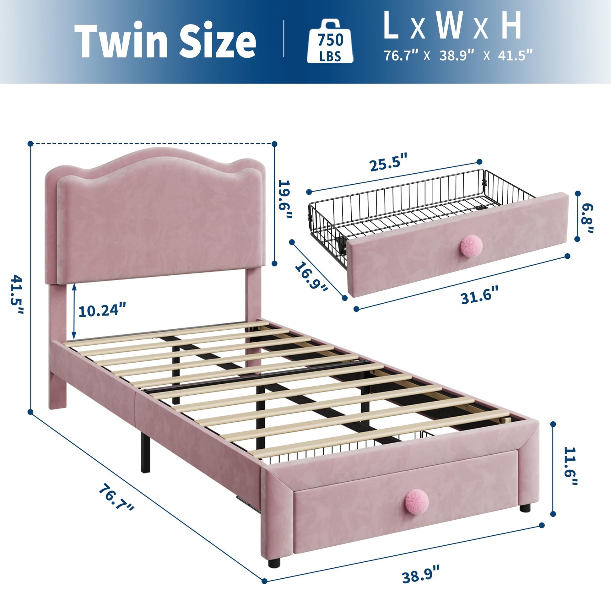Struttura per letto singolo imbottita Garvee con contenitore e testiera a conchiglia per cameretta dei bambini, rosa, cassetto 25,6" x 16,9", spazio sottoletto 6,3"