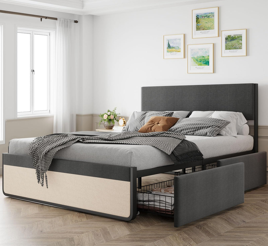 Letto matrimoniale Garvee con testiera, 2 cassetti, doghe in metallo, silenzioso, tessuto in lino grigio, camera da letto