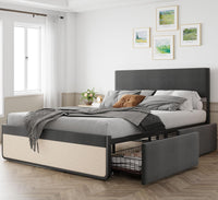 Letto matrimoniale Garvee con testiera, 2 cassetti, doghe in metallo, silenzioso, tessuto in lino grigio, camera da letto