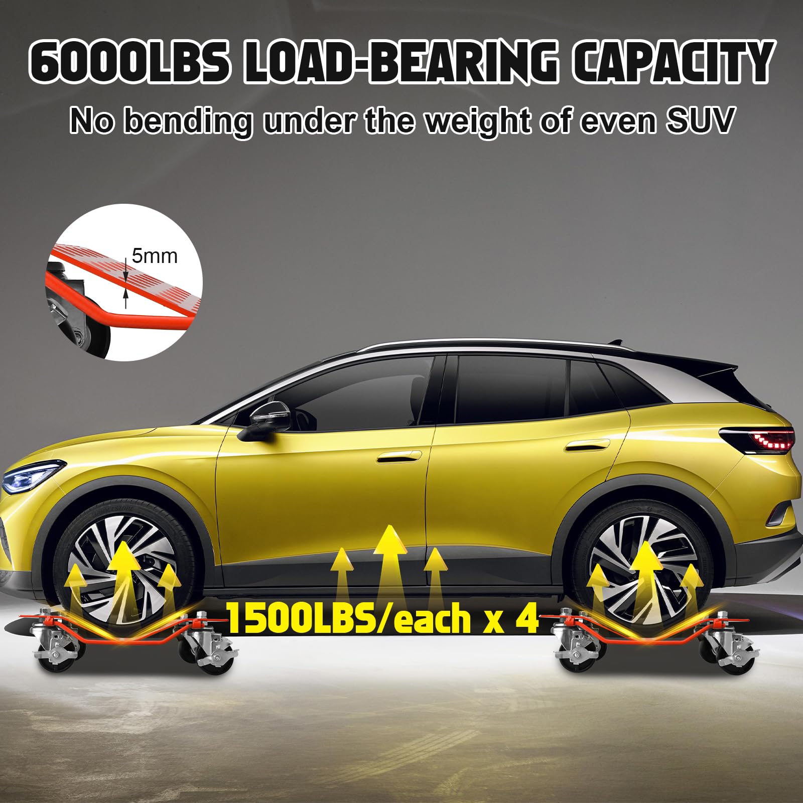 Set di carrelli per auto Garvee, 4 pezzi, arancione, resistente, 6000 libbre, acciaio, antiscivolo, rulli a 360° con freni, per garage, moto, camion