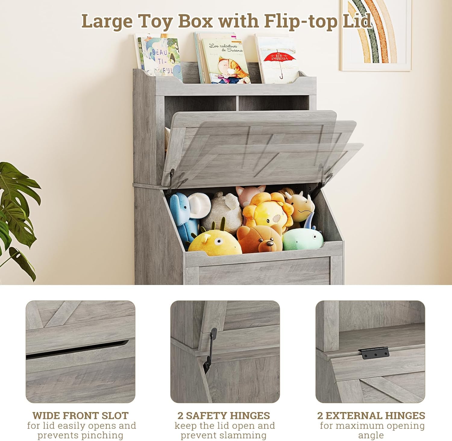 Libreria per bambini Garvee con coperchio incernierato, 2 ripiani, in legno, robusta e antigraffio, protezione antiribaltamento per sale giochi e camerette, grande, legno naturale