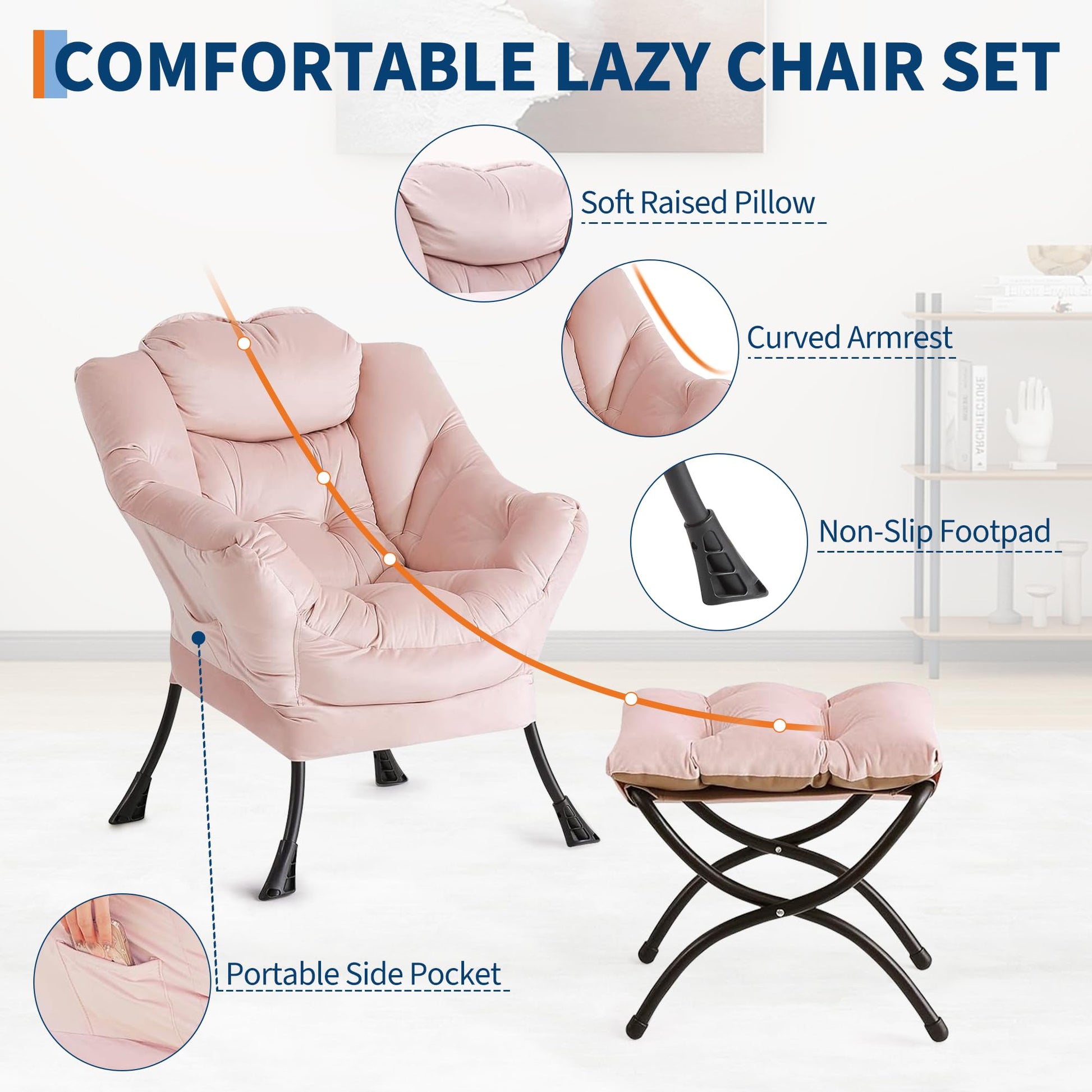 Sedia girevole Garvee con poggiapiedi, rosa, ergonomica e stabile, per soggiorno e ufficio, in peluche, pieghevole