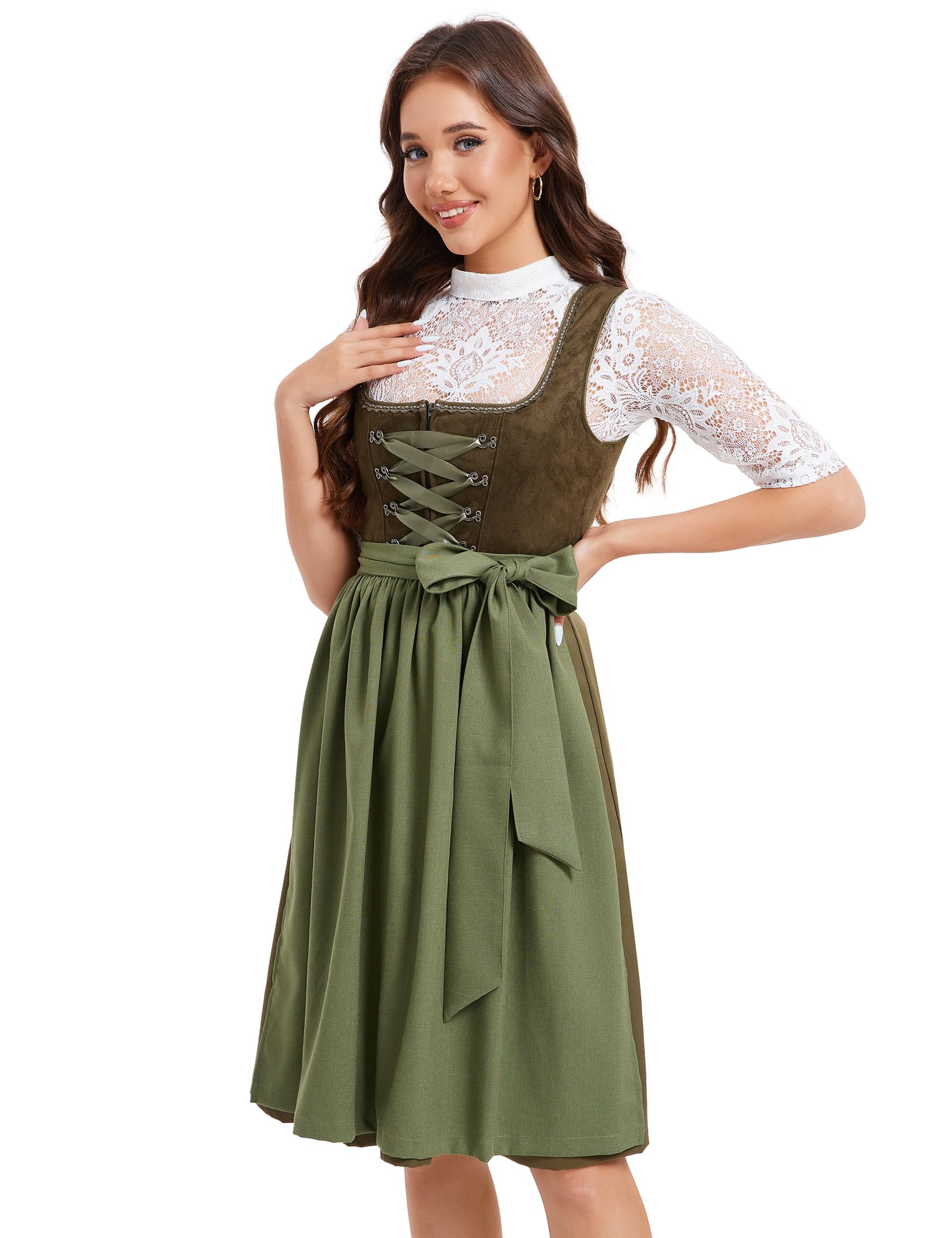 Garvee - Set completo di 3 pezzi di Dirndl midi da donna, abbigliamento tradizionale per l'Oktoberfest, verde militare, taglie 34-52