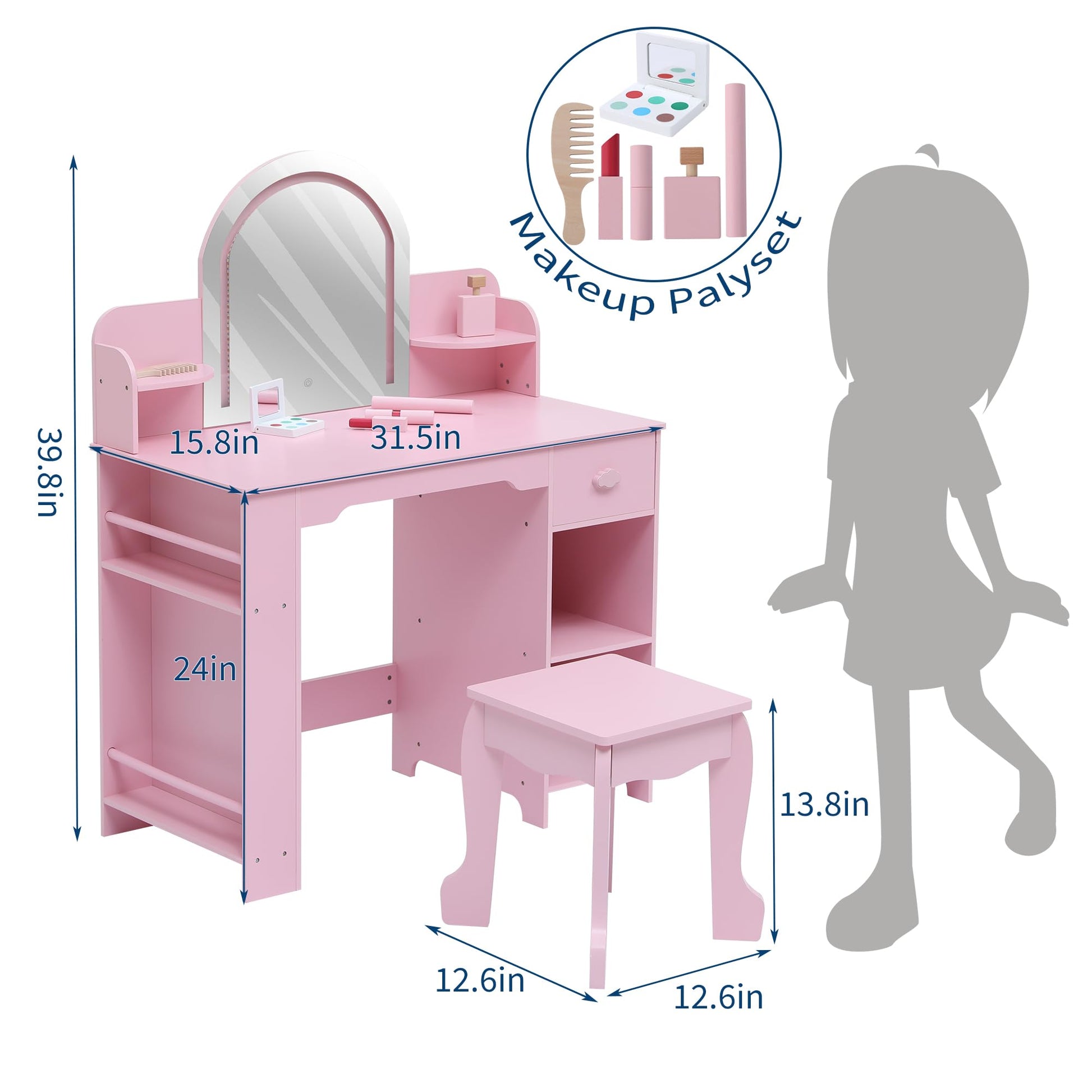 Tavolo da toeletta per bambini Garvee con specchio illuminato e sgabello, MDF, modalità luce LED, spazio di archiviazione, per bambine dai 3 ai 9 anni, camera da letto e sala giochi, bianco