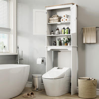 Mensola da bagno Garvee sopra il WC, 66 pollici di altezza, doppie ante, ripiani regolabili, legno, bianco, salvaspazio