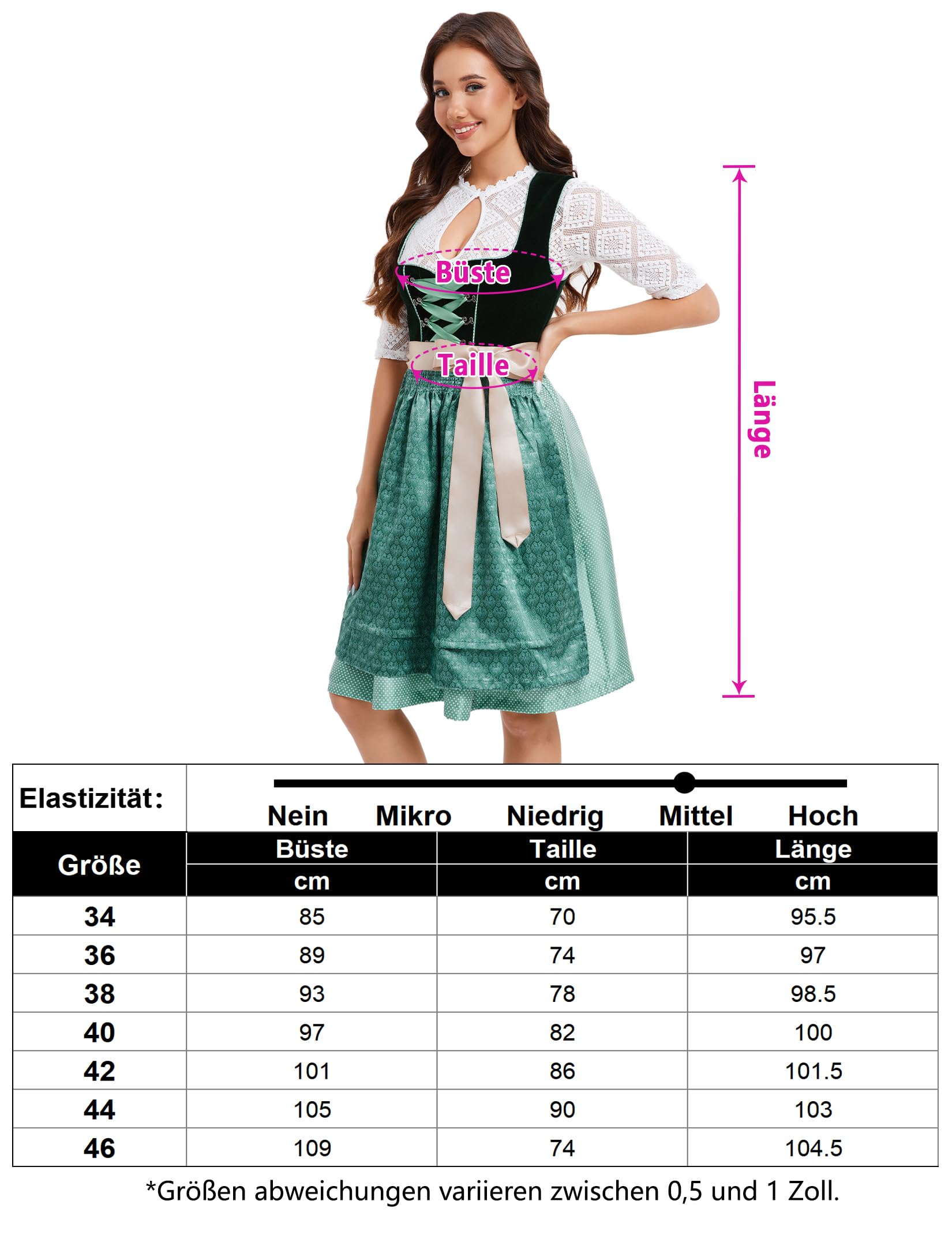 Garvee Dirndl da donna, abito tradizionale corto, midi, set completo, verde, taglia 34, per l'Oktoberfest