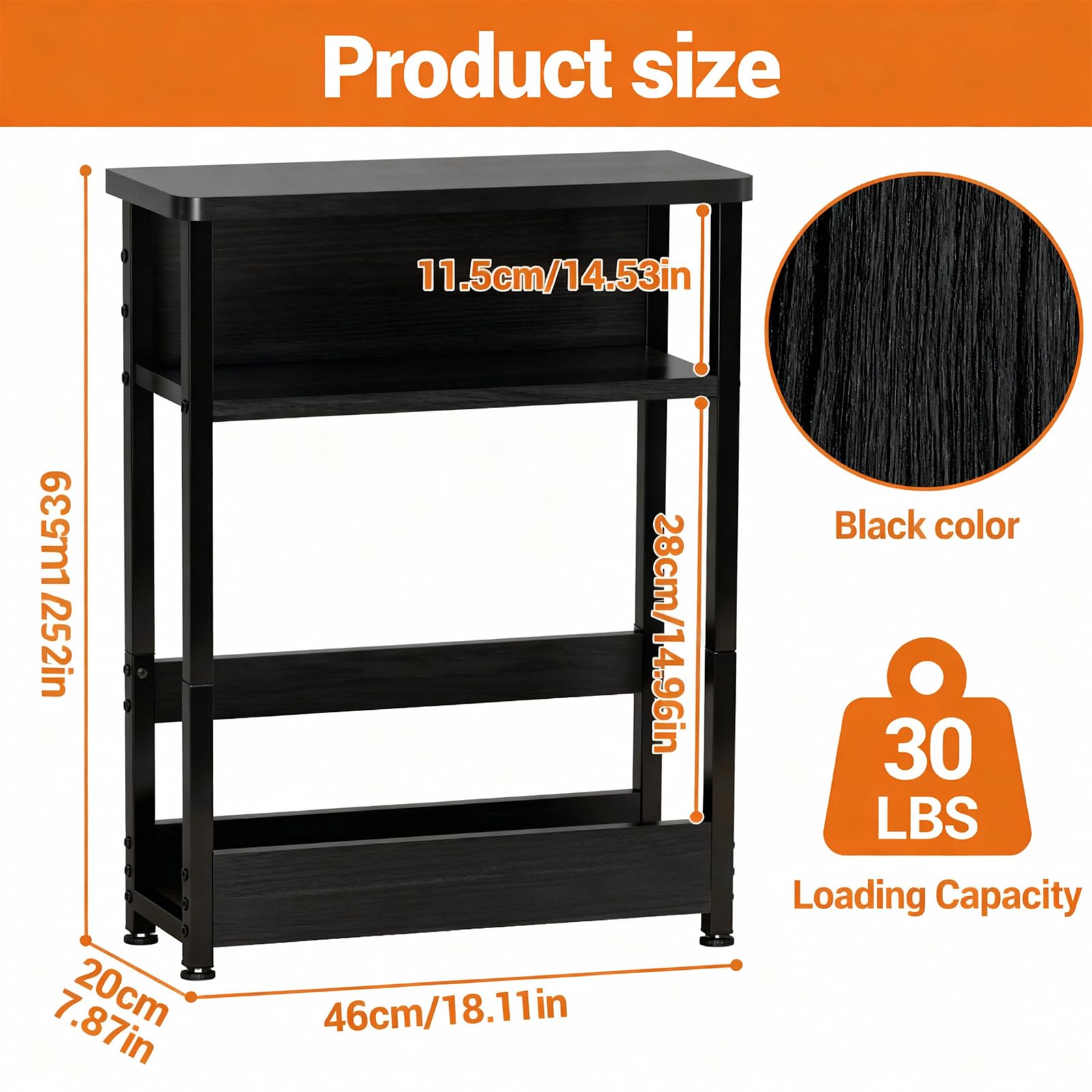 Tavolino laterale stretto Garvee, 3 ripiani con portariviste per soggiorno e camera da letto, 18,11x7,87x25,2 pollici, nero
