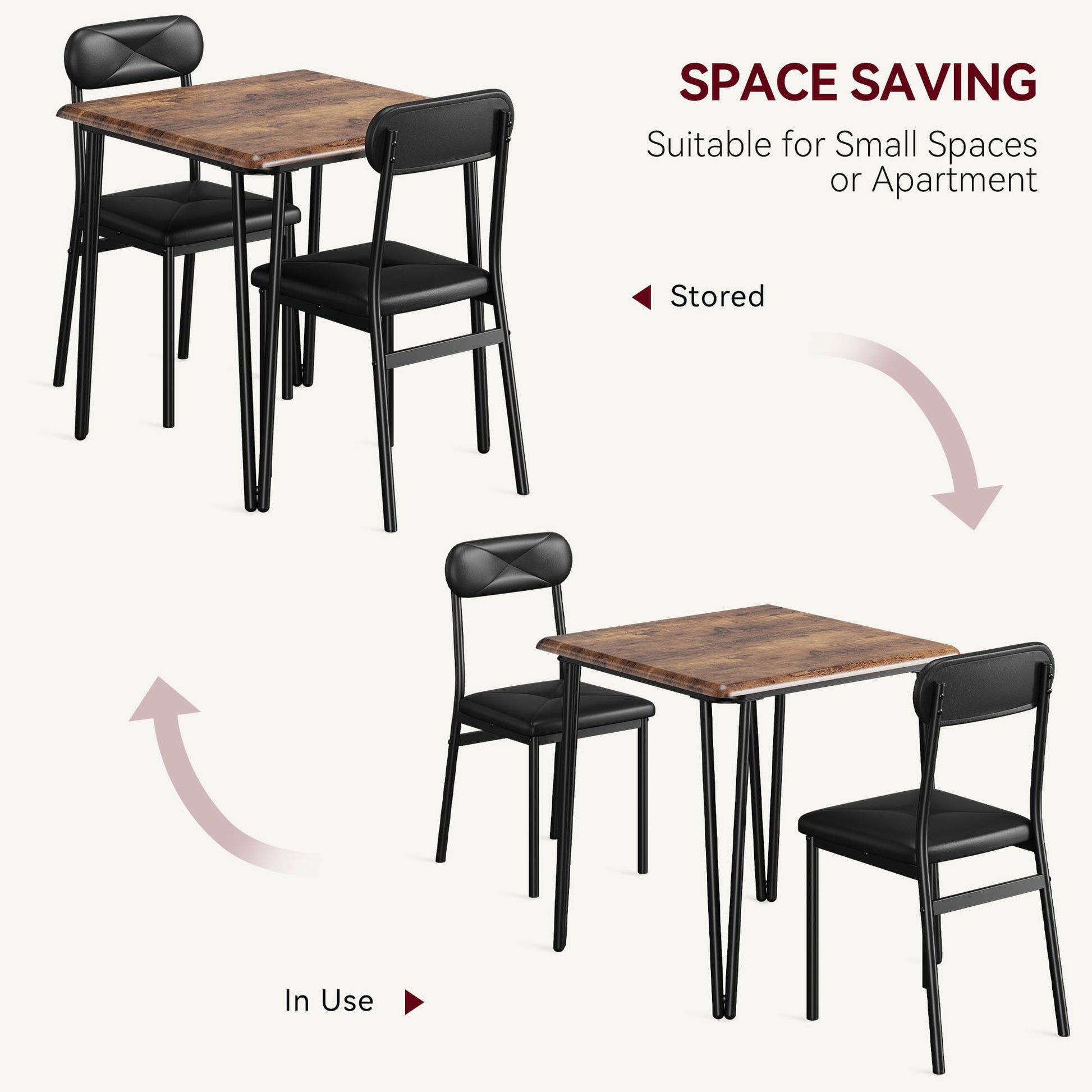 Set da pranzo Garvee per 2 persone con sedie imbottite, tavolo in MDF vintage, struttura in metallo robusto, salvaspazio, per cucina e stanze piccole, grigio/nero
