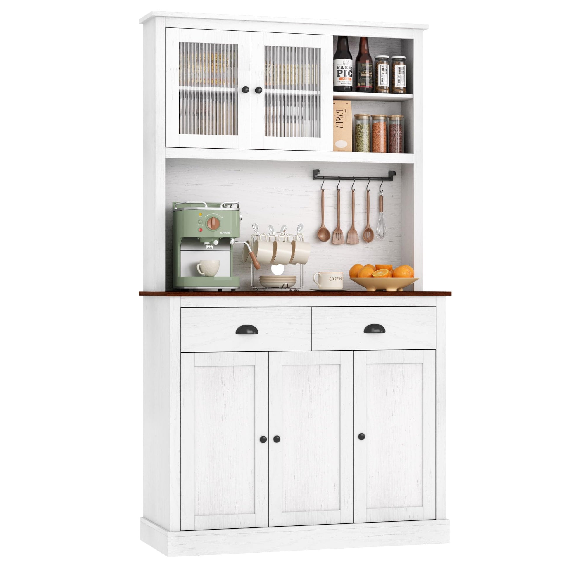 Mobile da cucina Garvee con cassetti e ripiani regolabili, dispensa alta 180 cm per cucina e sala da pranzo, materiale in truciolato ad alta densità, bianco