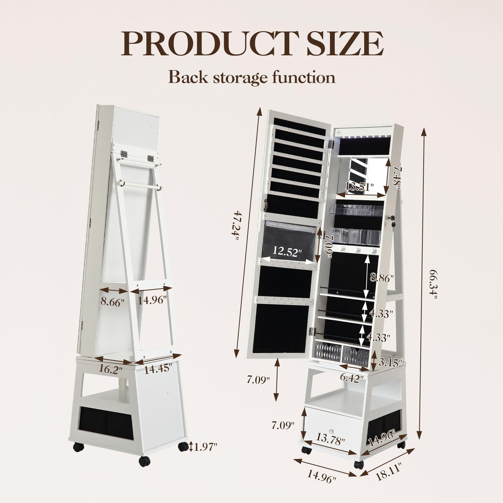 Mobiletto portagioie girevole a 360° Garvee con specchio a figura intera, illuminazione a LED, rivestimento in velluto, bianco, camera da letto, con serratura