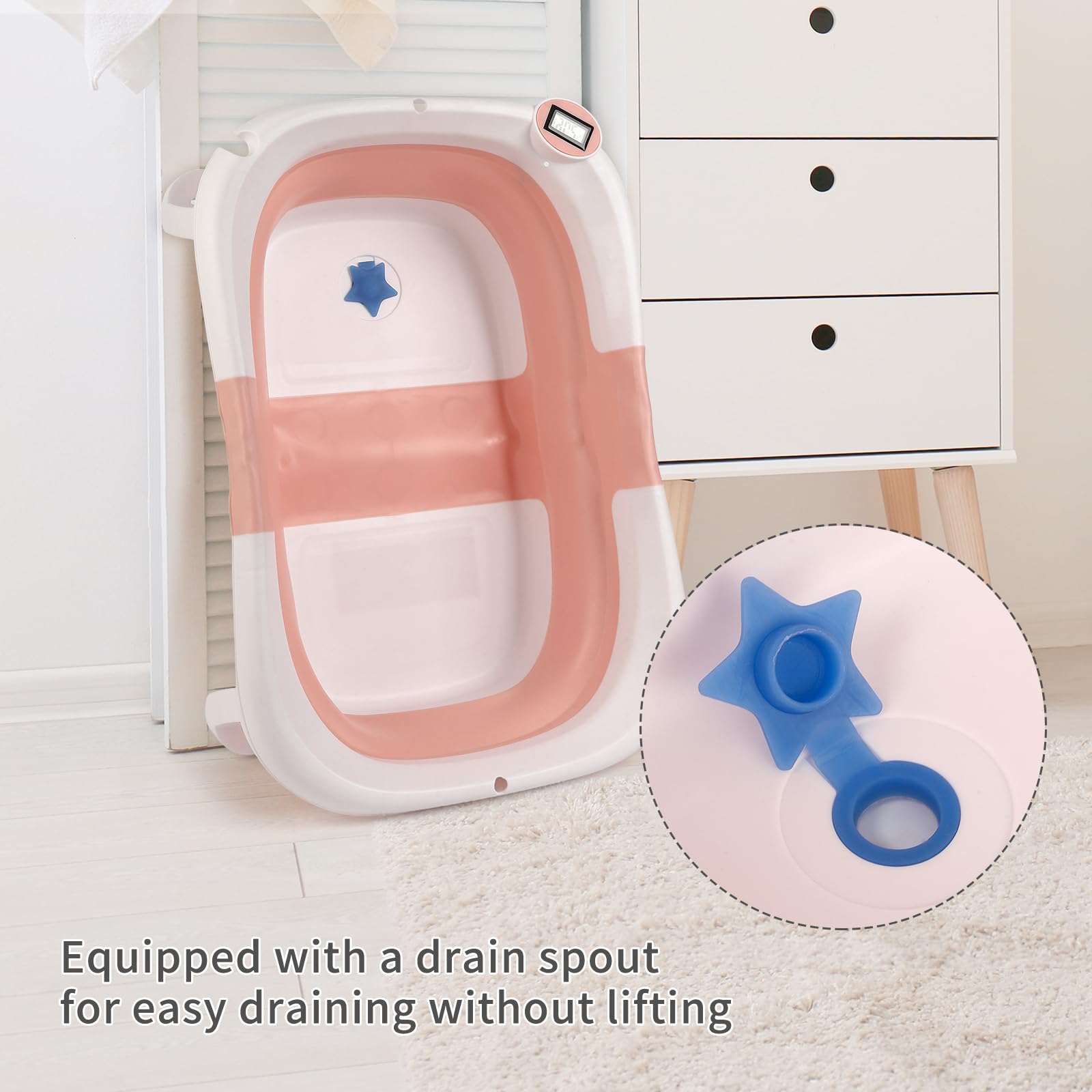 GARVEE Vasca da bagno per neonati, pieghevole, salvaspazio, con termometro e tappetino antiscivolo per neonati e bambini piccoli, rosa