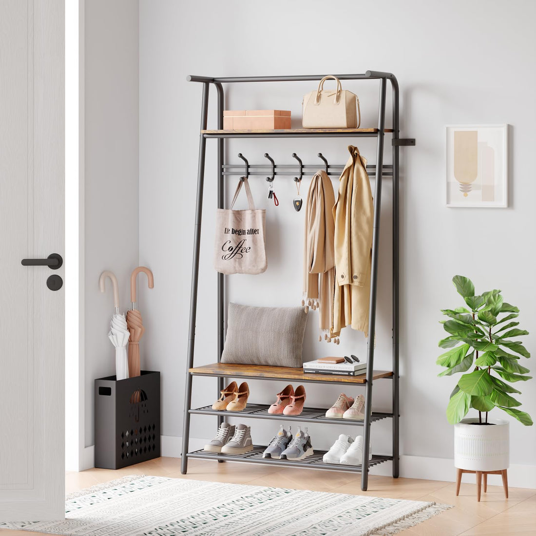 Appendiabiti e scarpiera Garvee 4 in 1 – Struttura in metallo effetto legno, 5 ganci e panca per corridoio e ingresso
