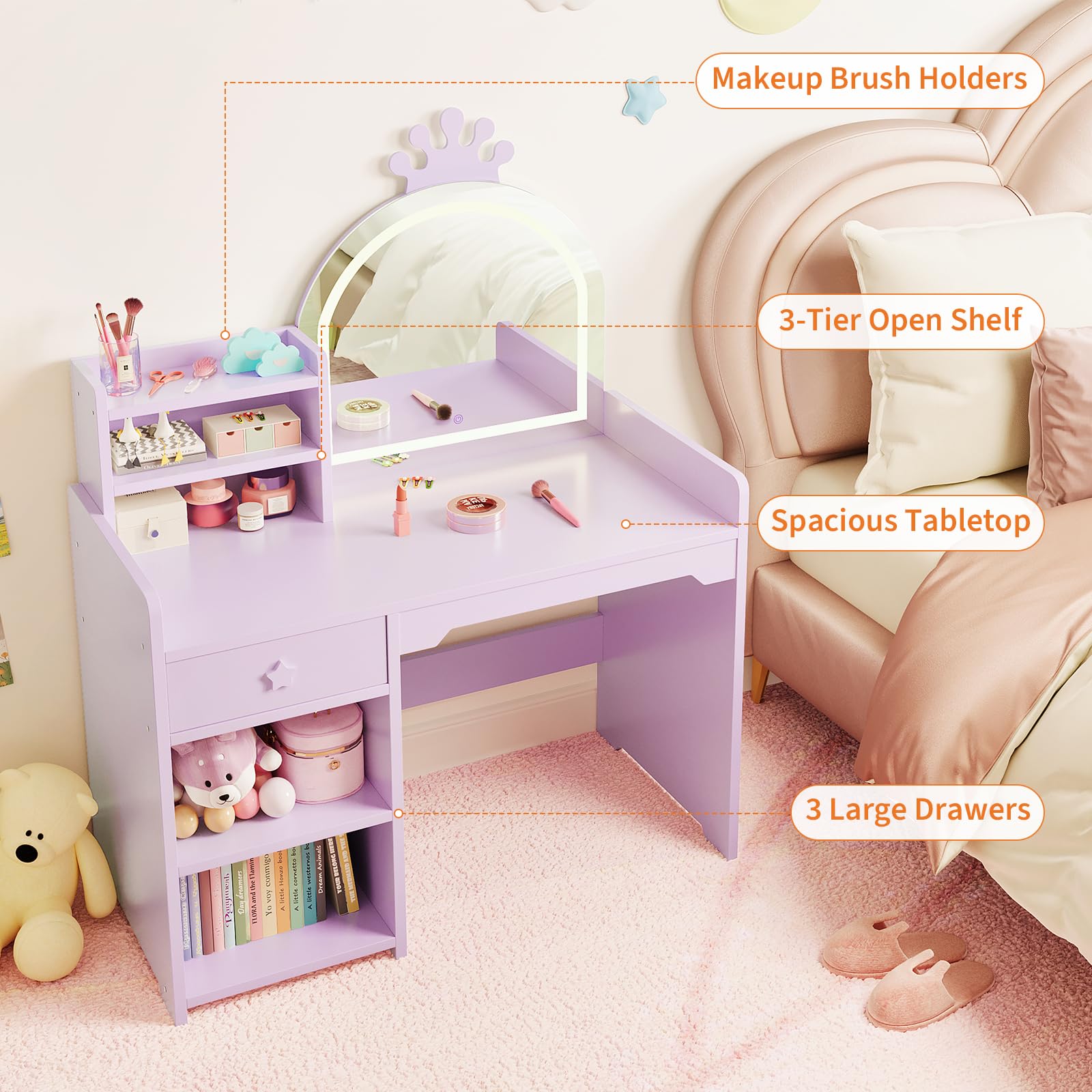 Tavolo da toeletta Garvee Kids con specchio a LED, set da toeletta 2 in 1 per principesse, in legno, con mensola e design sicuro per la cameretta delle bambine, bianco, compatto