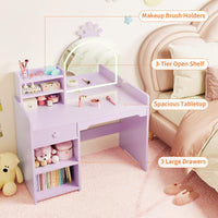 Tavolo da toeletta Garvee Kids con specchio a LED, set da toeletta 2 in 1 per principesse, in legno, con mensola e design sicuro per la cameretta delle bambine, bianco, compatto