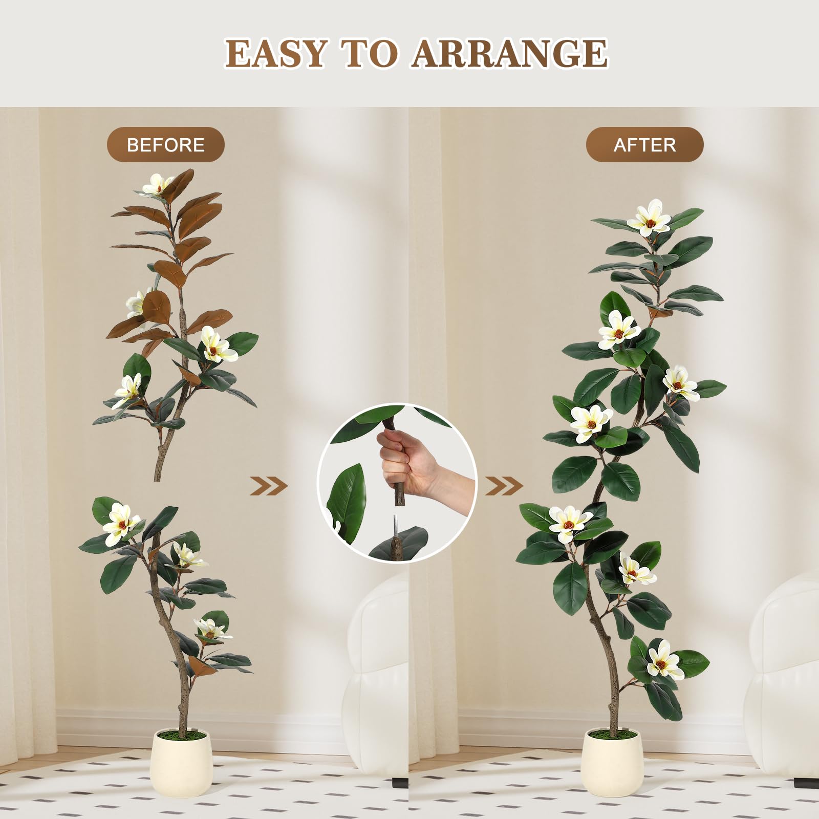 Albero di gomma artificiale Garvee da 6 piedi con fiori di magnolia, fioriera bianca, decorazione per interni, ufficio e soggiorno