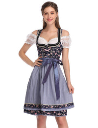 Abito tradizionale Dirndl da donna Garvee, abito midi in 3 pezzi, camicetta e grembiule, motivo floreale blu navy, Oktoberfest