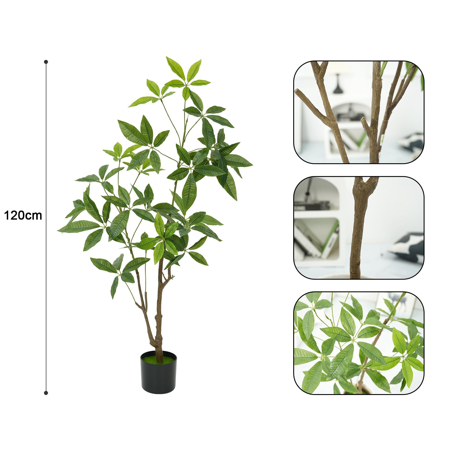 Albero dei soldi artificiale Garvee, 4 piedi, Pachira da interno, portafortuna, facile da pulire, foglie personalizzabili, durevoli, decorazione per ufficio e soggiorno, verde