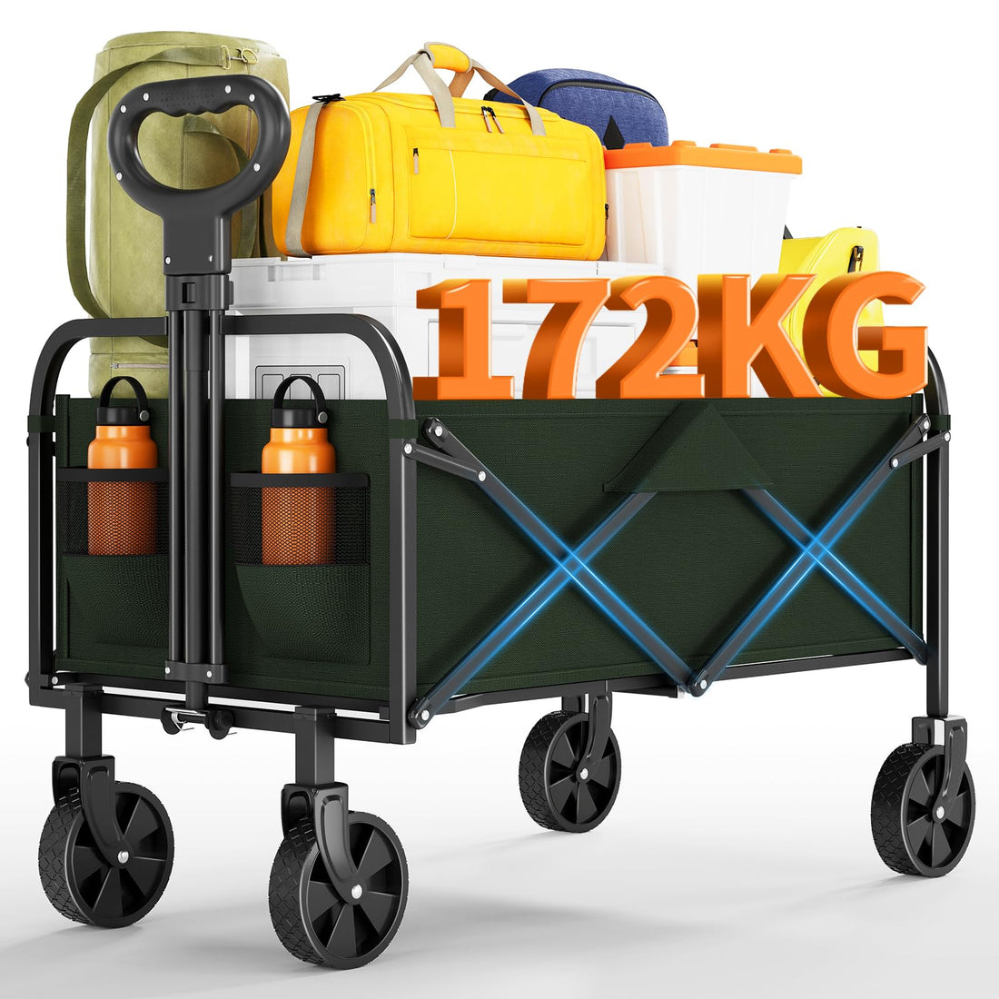 Carrello pieghevole Garvee per impieghi gravosi, capacità di 380 libbre, con pneumatici da 5" per tutti i terreni, per spiaggia e campeggio, telaio in acciaio, tessuto Oxford 600D, pieghevole, portatile, nero