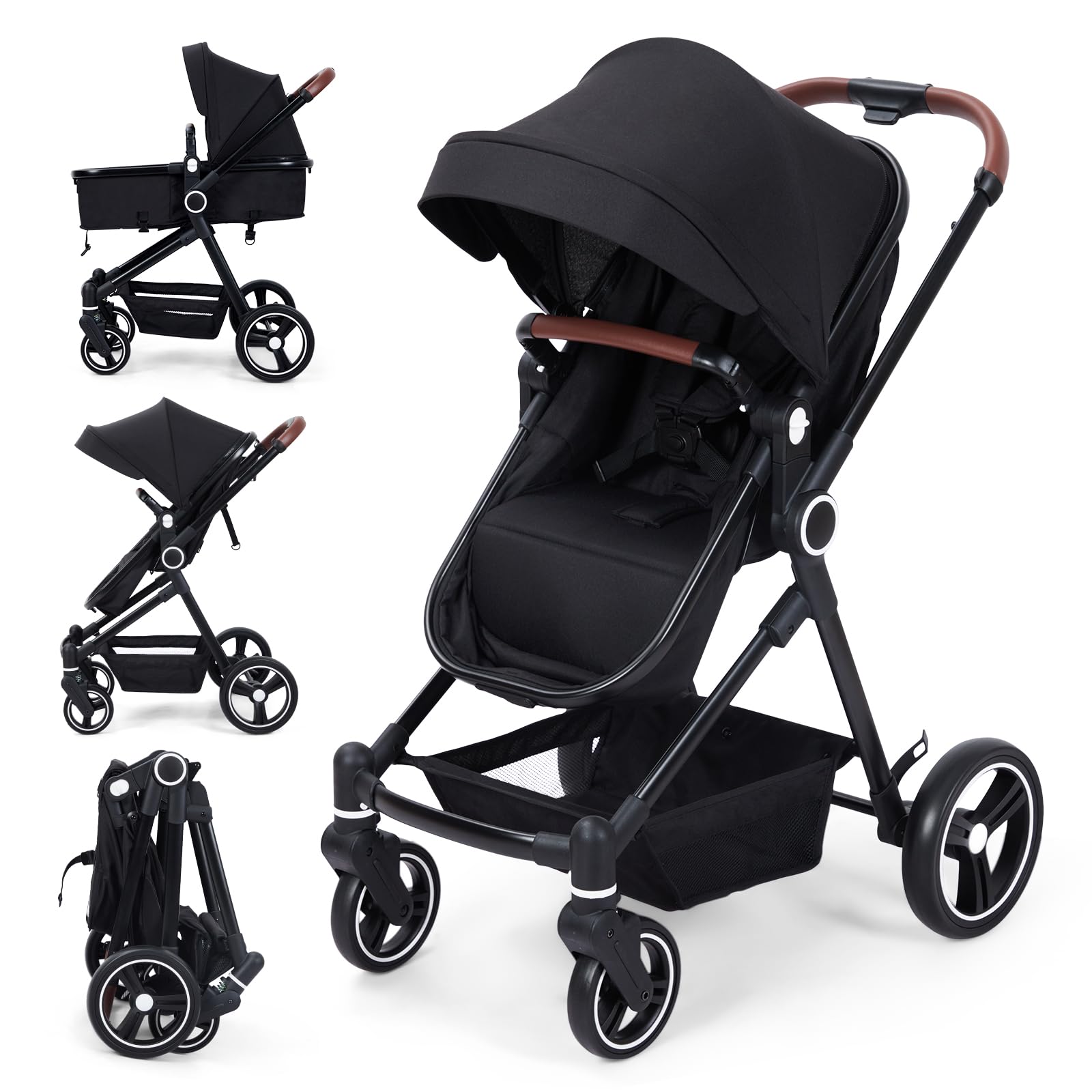 Garvee Cochecito Baby 2 en 1 Ultracompactta Ligero Reversible Aluminio Negro Para Recién Nacido Hasta 3 Años Paseos Urbanos