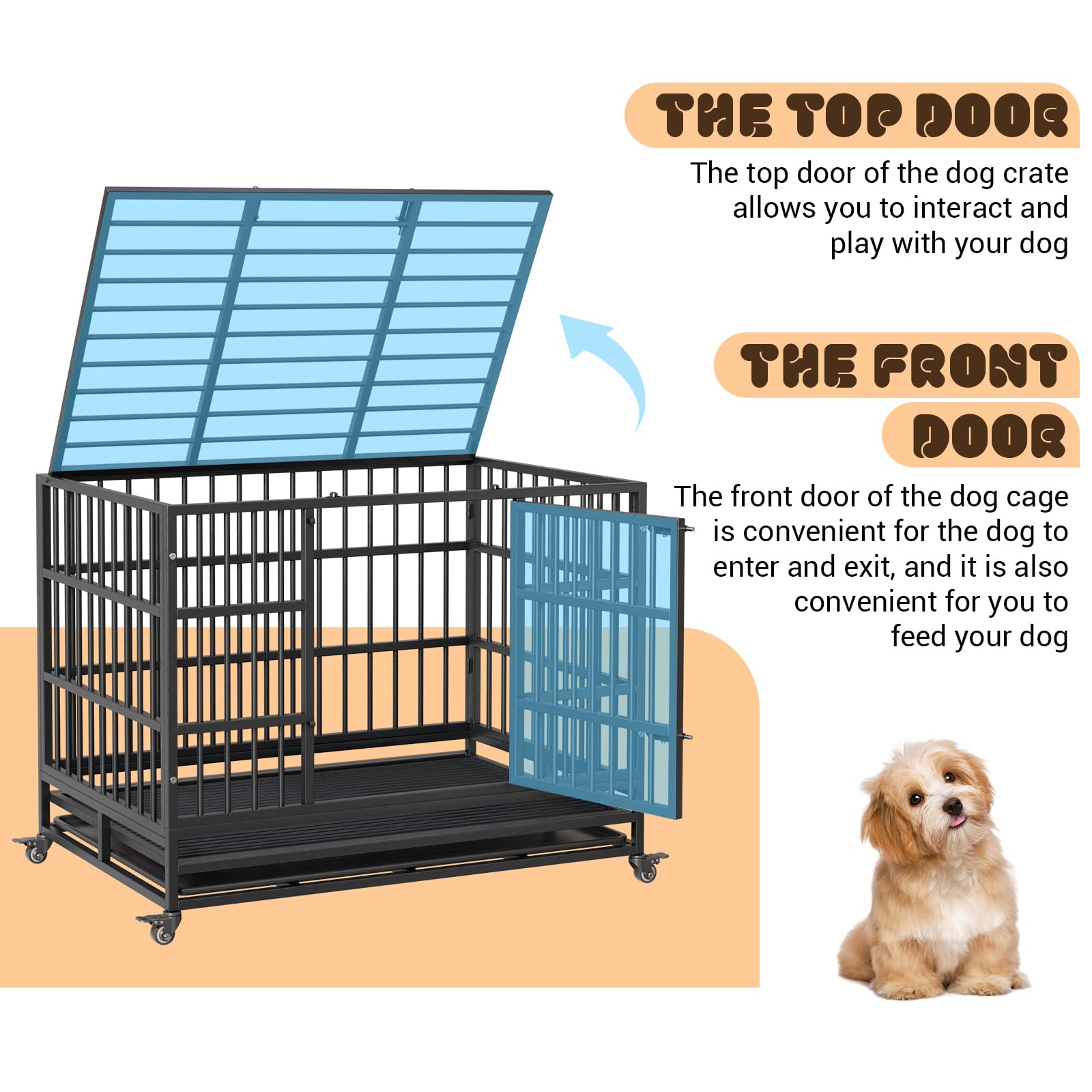 Garvee Heavy Duty Dog Crate da 42,5 pollici con doppie porte, ruote girevoli a 360°, metallo, vassoio rimovibile, pieghevole, per cani di piccola e grande taglia, per interni