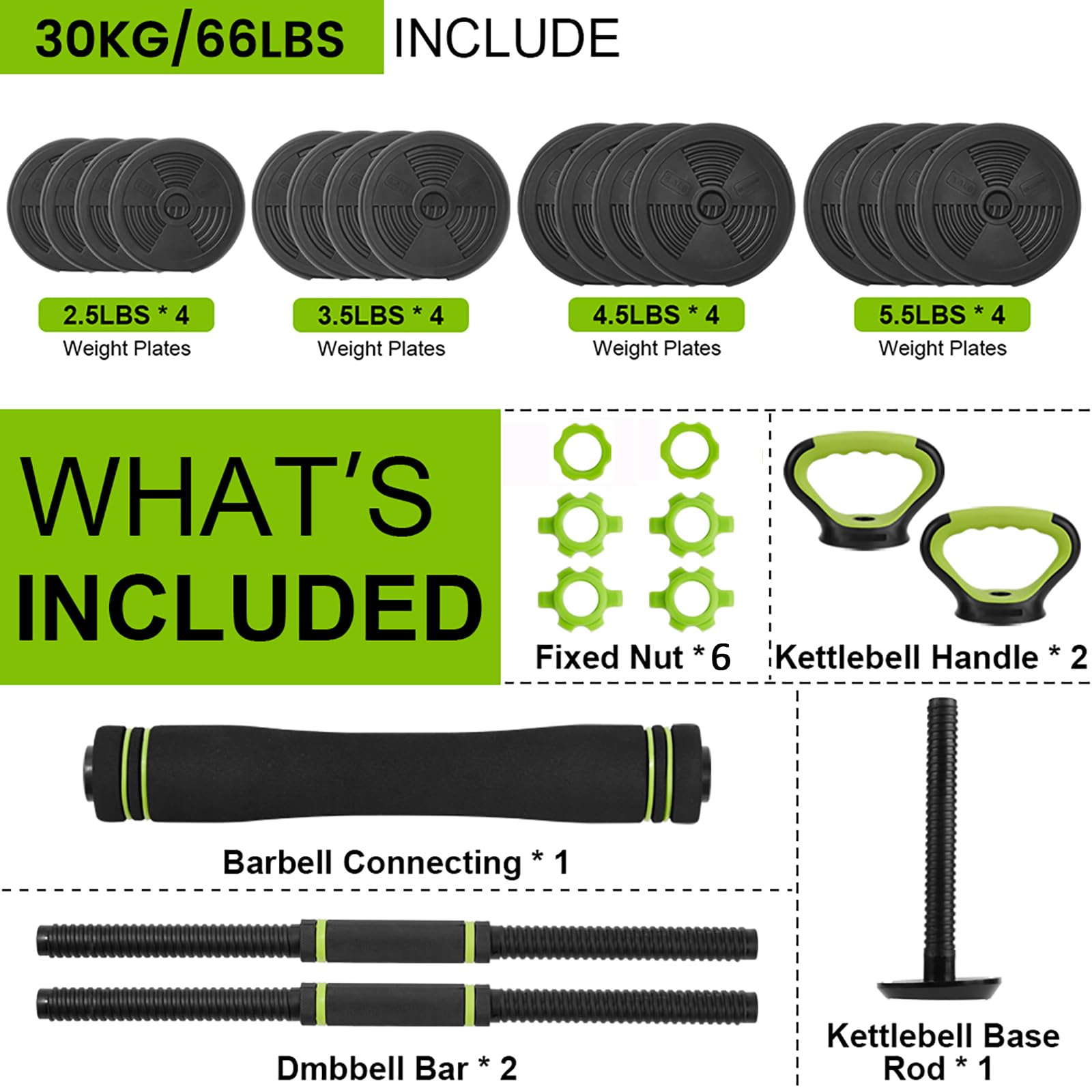 Garvee Set Pesi Regolabili 4 in 1 30 kg - Manubrio, Bilanciere, Kettlebell, Flessioni per Festa del Papà - Antiscivolo ABS per Fitness Casa Palestra