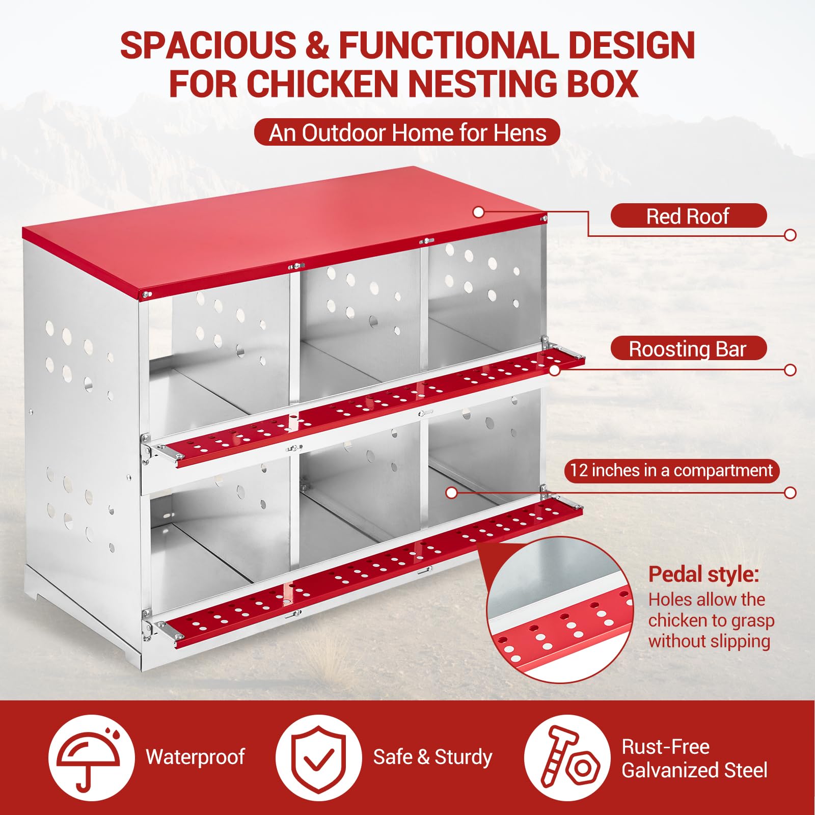 Nido per polli Garvee in metallo con ventilazione e barra oscillante, 6 scomparti, acciaio zincato, salvaspazio, facile da pulire, per polli e anatre