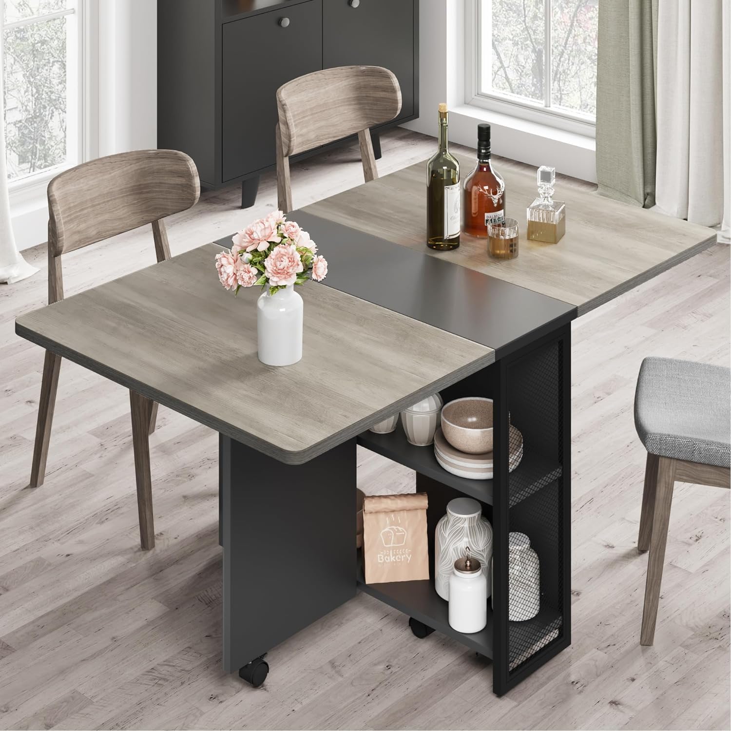 Tavolo da pranzo pieghevole Garvee Carlo Grey con 6 ruote e ripiano a 2 livelli per piccoli spazi 50,1"P x 31,4"L x 29,5"A