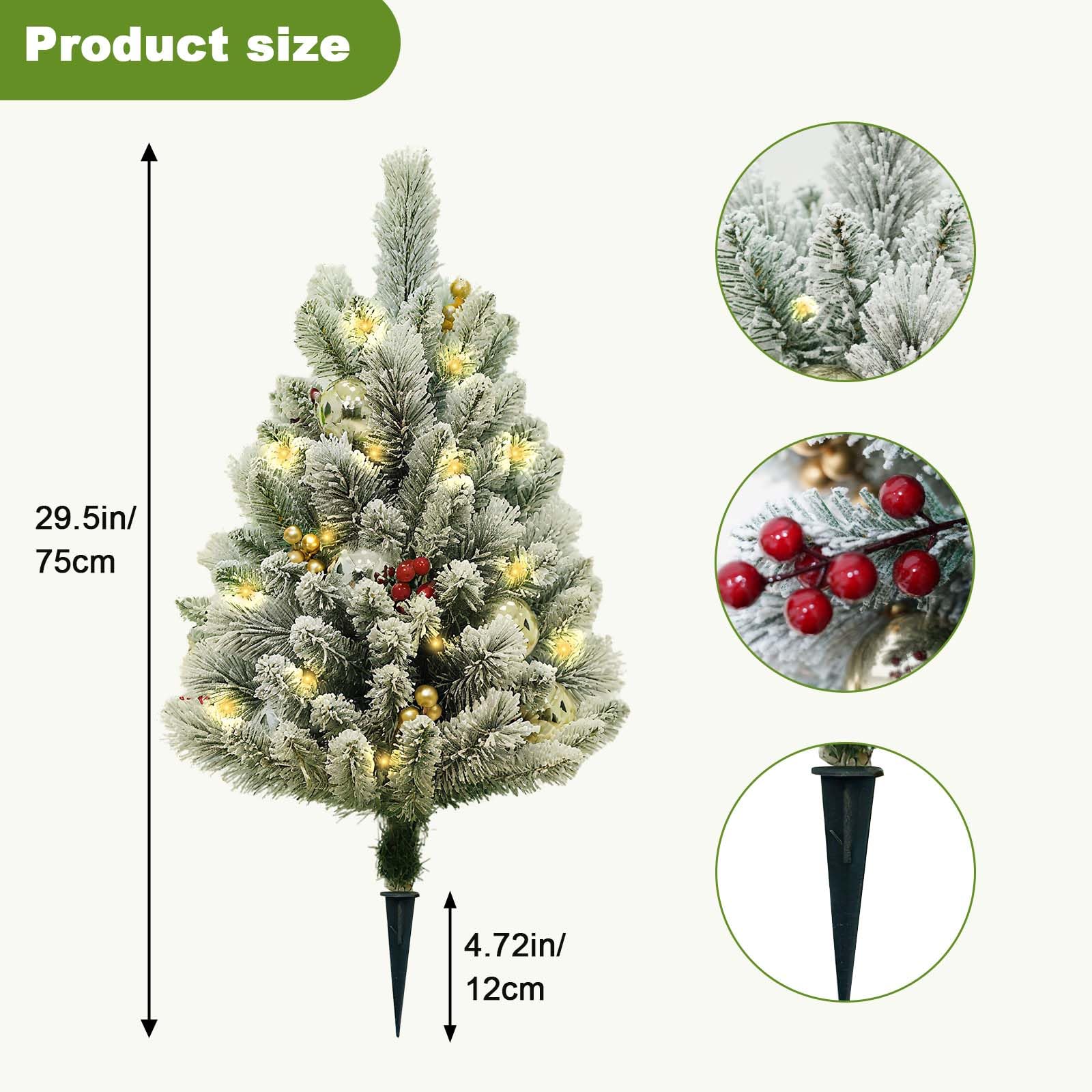 Garvee Set di 2 pezzi Albero di Natale artificiale da 75 cm con luci a LED e bacche rosse per decorazioni natalizie, floccato, stabile, bianco invernale e rosso