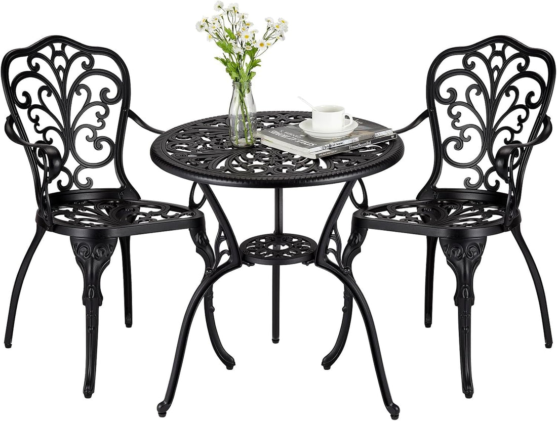Set da bistrot da esterno Garvee da 3 pezzi, in alluminio, resistente alle intemperie, antiruggine, con foro per ombrellone, mobili da giardino per balcone, nero