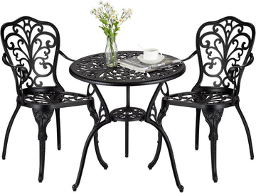 Set da bistrot da esterno Garvee da 3 pezzi, in alluminio, resistente alle intemperie, antiruggine, con foro per ombrellone, mobili da giardino per balcone, nero