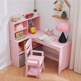 Set scrivania ad angolo per bambini Garvee con bacheca e contenitore, a forma di L, per cameretta, rosa, 101.6x106.68x78.74 cm - Rosa