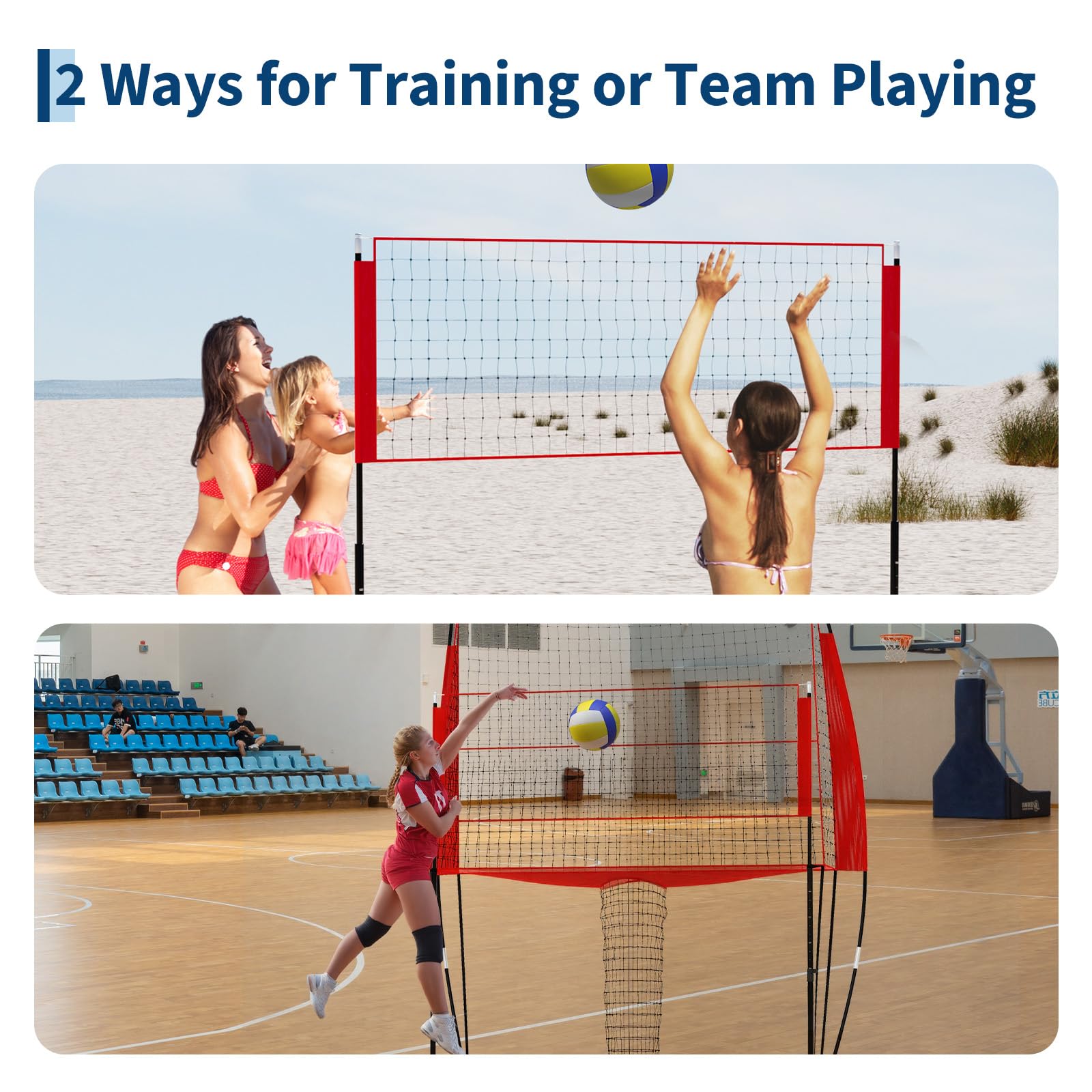 Garvee Rete da pallavolo portatile 8x11 piedi Altezza regolabile Telaio in acciaio 6.5-8 piedi Rete Oxford Allenamento interno/esterno