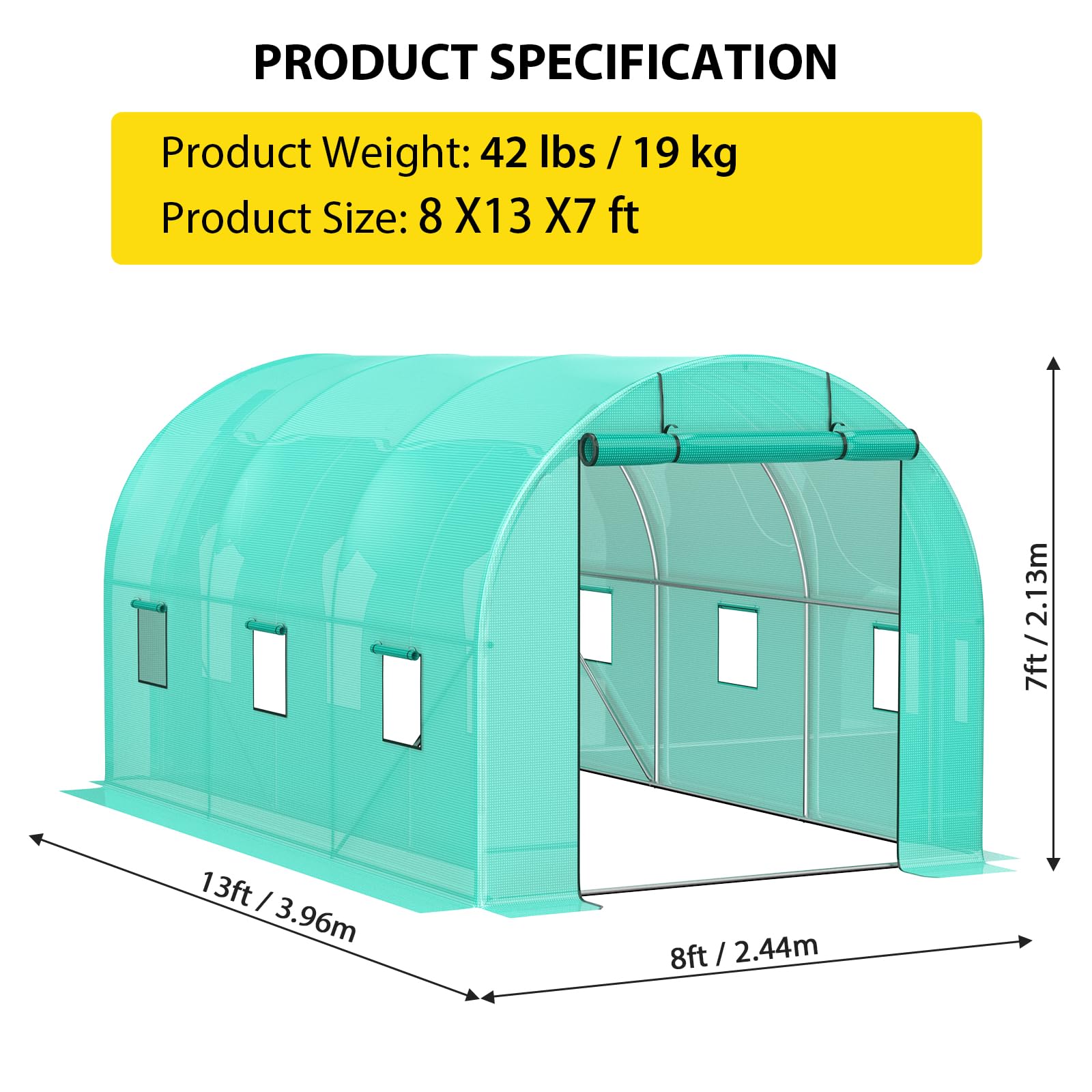 Serra Garvee 13x8x7 piedi con struttura in acciaio zincato, 6 finestre, 2 porte con cerniera, copertura in PE per giardino e uso esterno, resistente al vento e alle intemperie, verde