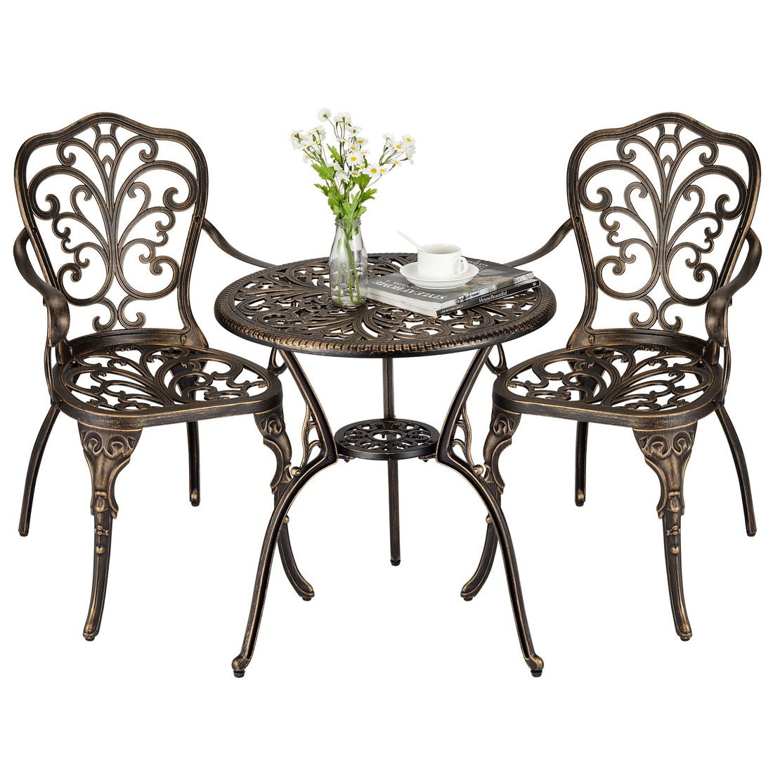 Set da esterno Garvee da 3 pezzi in alluminio pressofuso con foro per ombrellone per giardino, balcone, terrazza, finitura in ottone retrò, robusto ed elegante