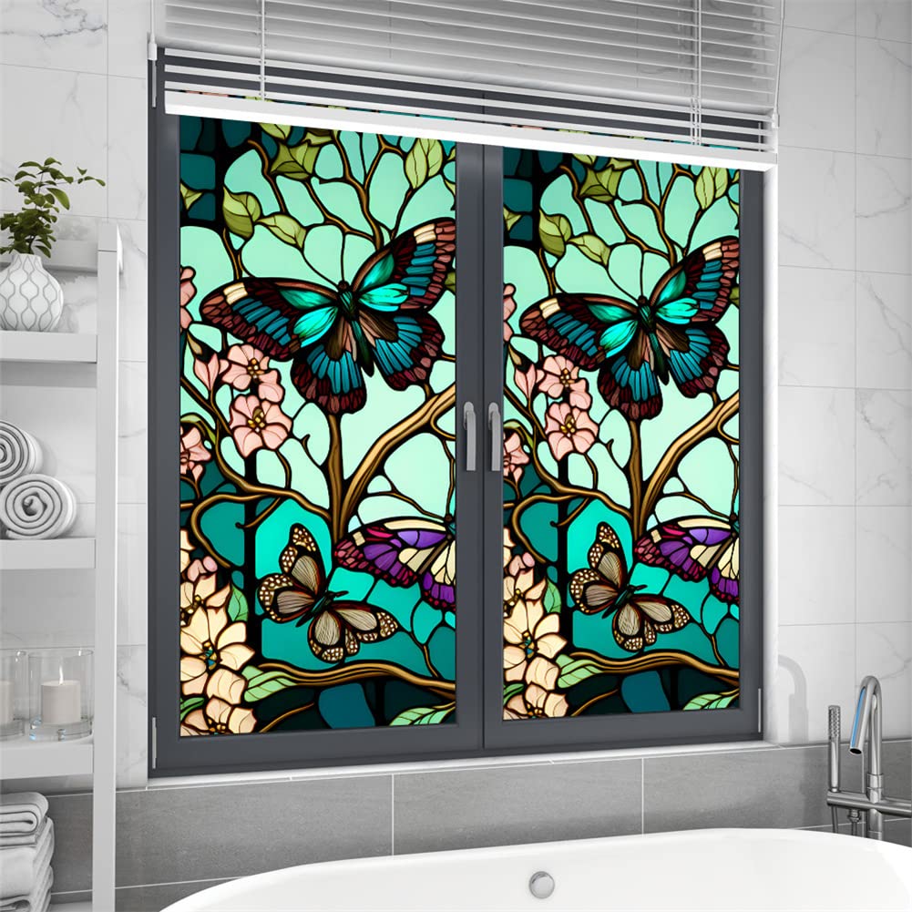 Pellicola per la privacy delle finestre Garvee, motivo floreale a farfalla, rimovibile, protezione UV, per bagno e camera da letto, 45x100 cm, trasparente