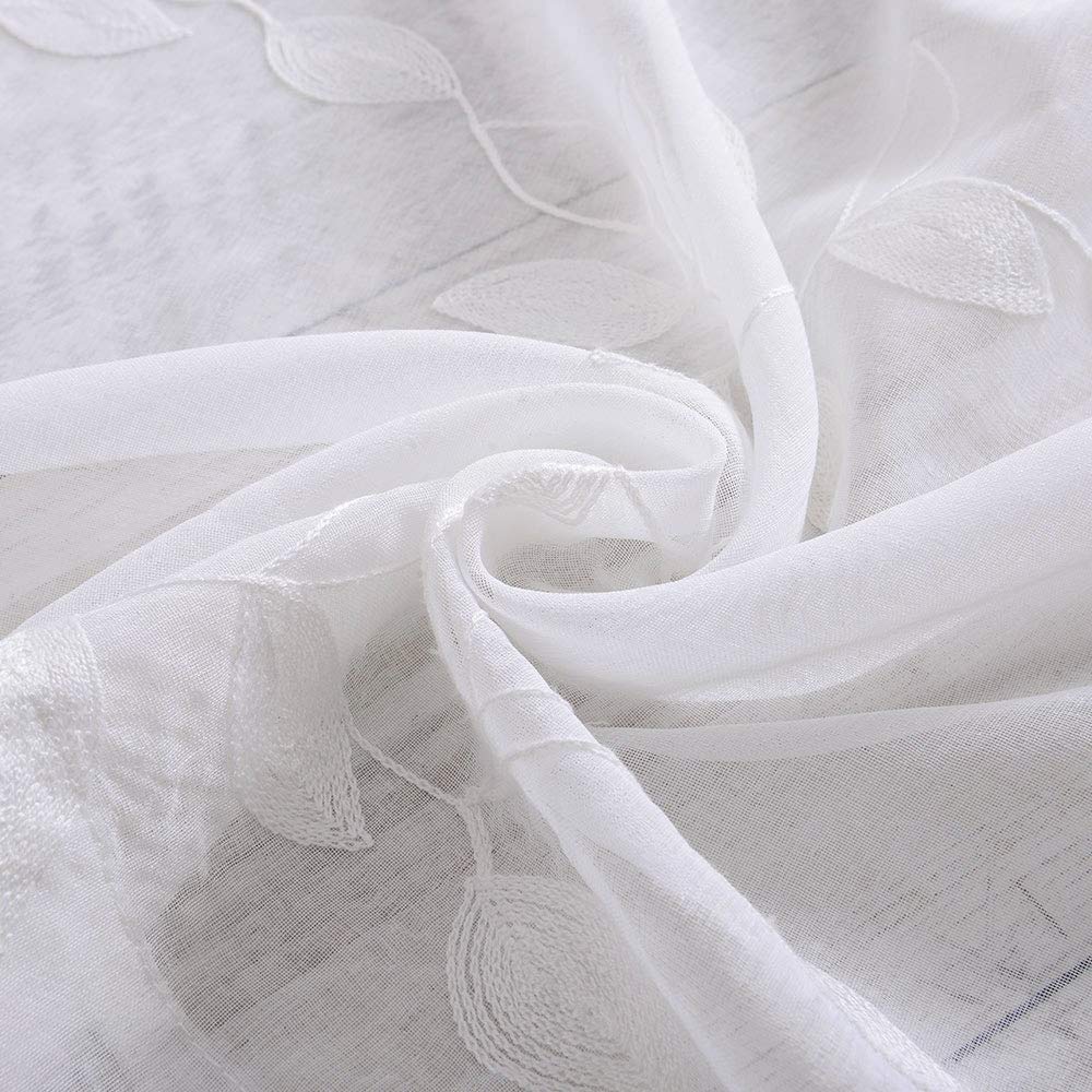 Tende trasparenti Garvee, set da 2 pannelli, bianche con ricamo a foglie, in lino sintetico, lunghe 63" con occhielli, in voile per soggiorno e camera da letto