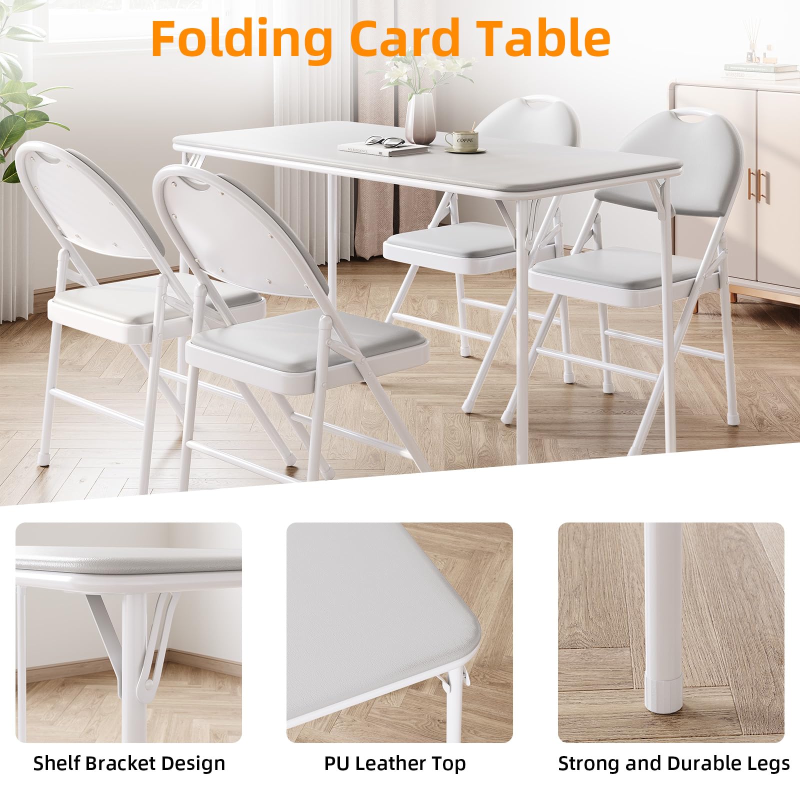 Tavolo pieghevole Garvee a 4 gambe con gambe in metallo e piano in similpelle per uso interno ed esterno, 120x60 cm, grigio, robusto e pieghevole