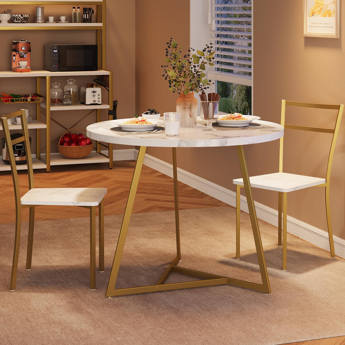 Set da pranzo Garvee per 2, tavolo da cucina rotondo moderno con sedie imbottite, marmo bianco e oro, MDF e acciaio, salvaspazio per stanze piccole