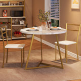 Set da pranzo Garvee per 2, tavolo da cucina rotondo moderno con sedie imbottite, marmo bianco e oro, MDF e acciaio, salvaspazio per stanze piccole - Bianco