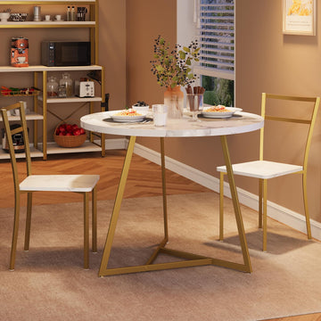 Set da pranzo Garvee per 2, tavolo da cucina rotondo moderno con sedie imbottite, marmo bianco e oro, MDF e acciaio, salvaspazio per stanze piccole