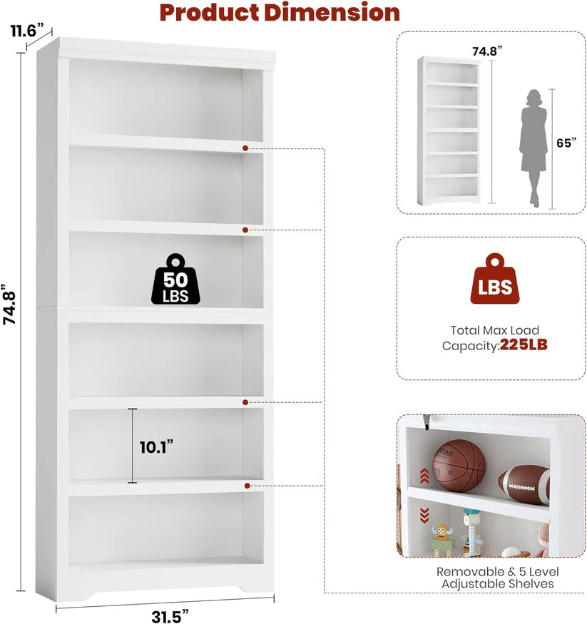Garvee Libreria Rustica Alta 190,5 cm con 2-6 Ripiani Regolabili, MDF Robusta, Design Elegante, Anti-Ribaltamento per Soggiorno e Studio, Bianco