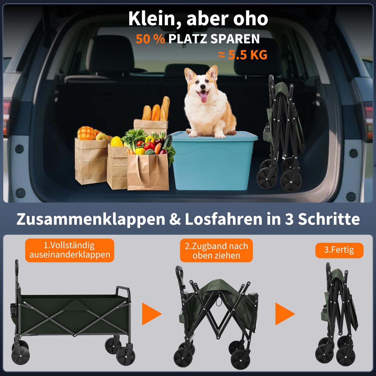 Carrello pieghevole Garvee per impieghi gravosi, capacità di 380 libbre, con pneumatici da 5" per tutti i terreni, per spiaggia e campeggio, telaio in acciaio, tessuto Oxford 600D, pieghevole, portatile, nero